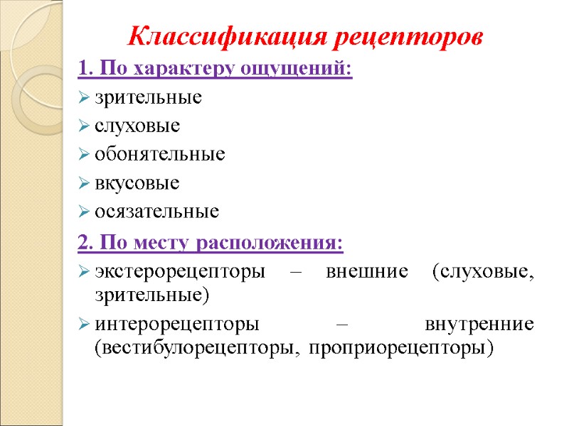 Классификация рецепторов 1. По характеру ощущений: зрительные слуховые обонятельные вкусовые осязательные 2. По месту